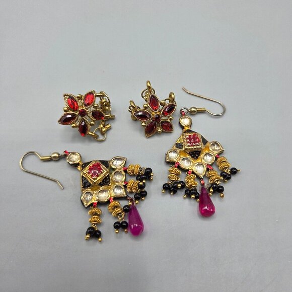 Jewelry - Gold Tone Red Stone Dangle Earrings Bundle Thai Balinese Boho